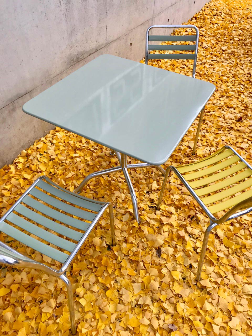 Bättig Gartentisch und Stühle in den Farben Heugrün und Zitronengelb, auf gelben Ginkgo-Blättern